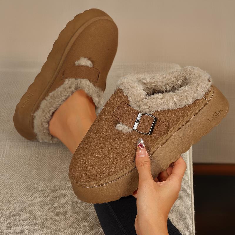 Short Ankle With Buckle Fleece Plush Slipper Boots