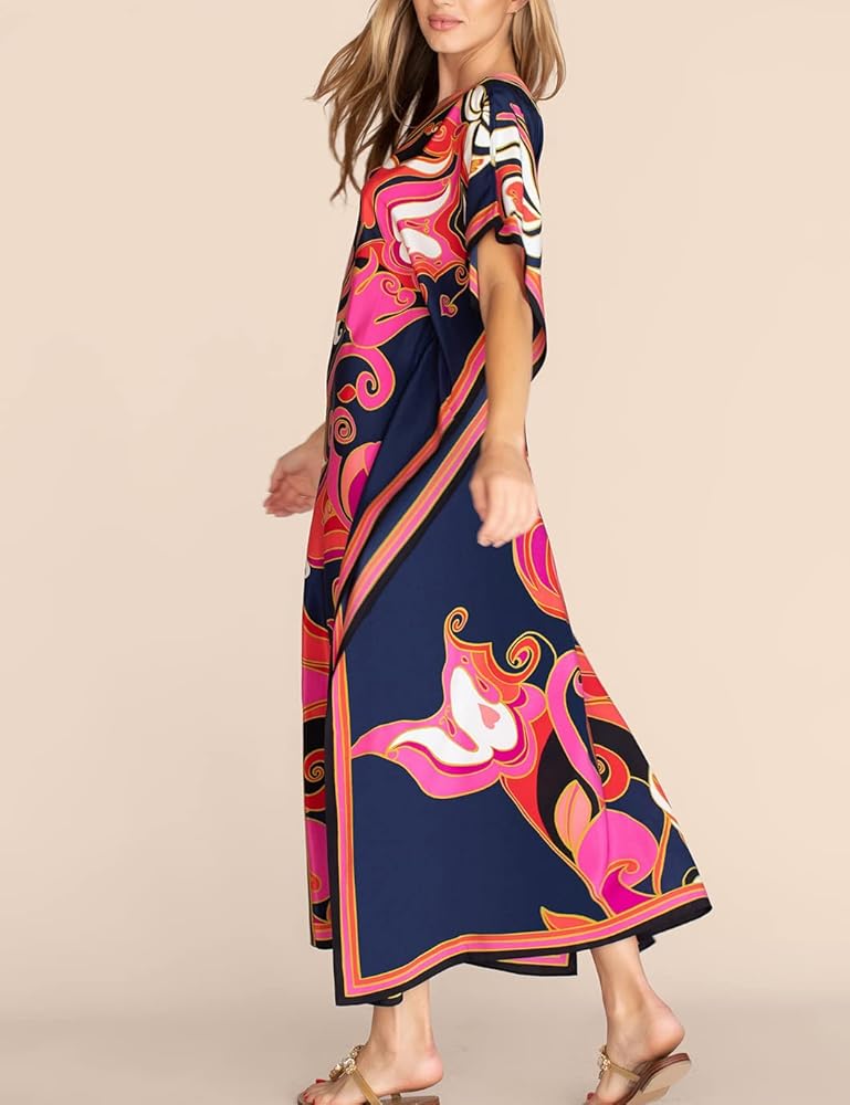 Eddoyee Women Long Print Swimwear Cover Up Sexy V Neck Side Split Beach Caftans Lounge Dresses