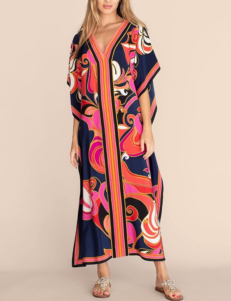 Eddoyee Women Long Print Swimwear Cover Up Sexy V Neck Side Split Beach Caftans Lounge Dresses