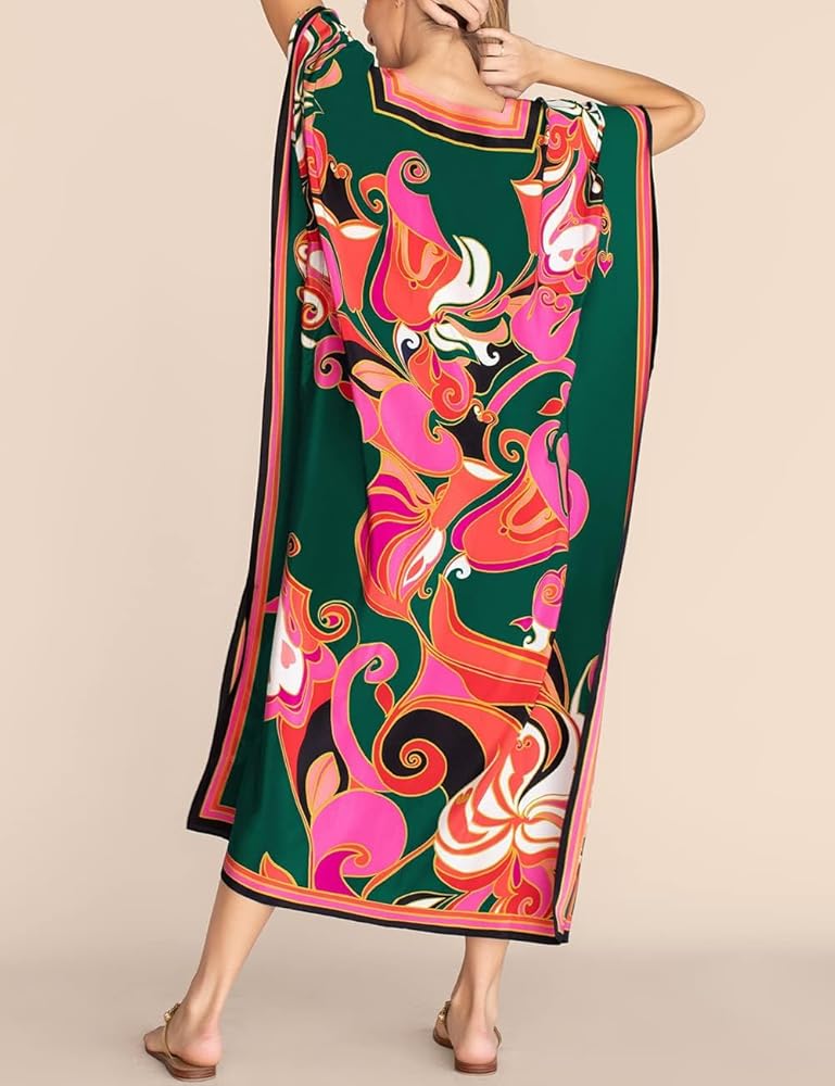 Eddoyee Women Long Print Swimwear Cover Up Sexy V Neck Side Split Beach Caftans Lounge Dresses