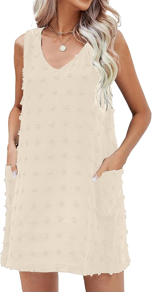 Moss Rose Beach Vacation Clothes for Women Sundresses Swiss Polka Dot Beach Cover Up V Neck Tank Dress with Pockets