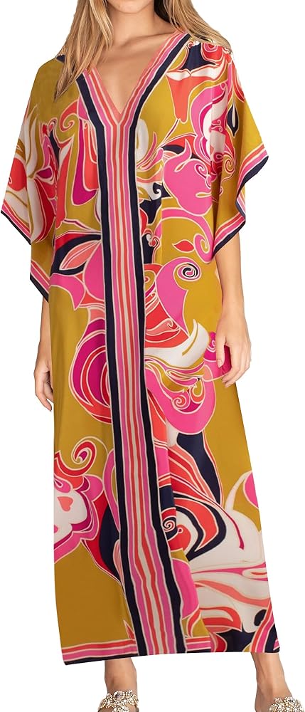 Eddoyee Women Long Print Swimwear Cover Up Sexy V Neck Side Split Beach Caftans Lounge Dresses