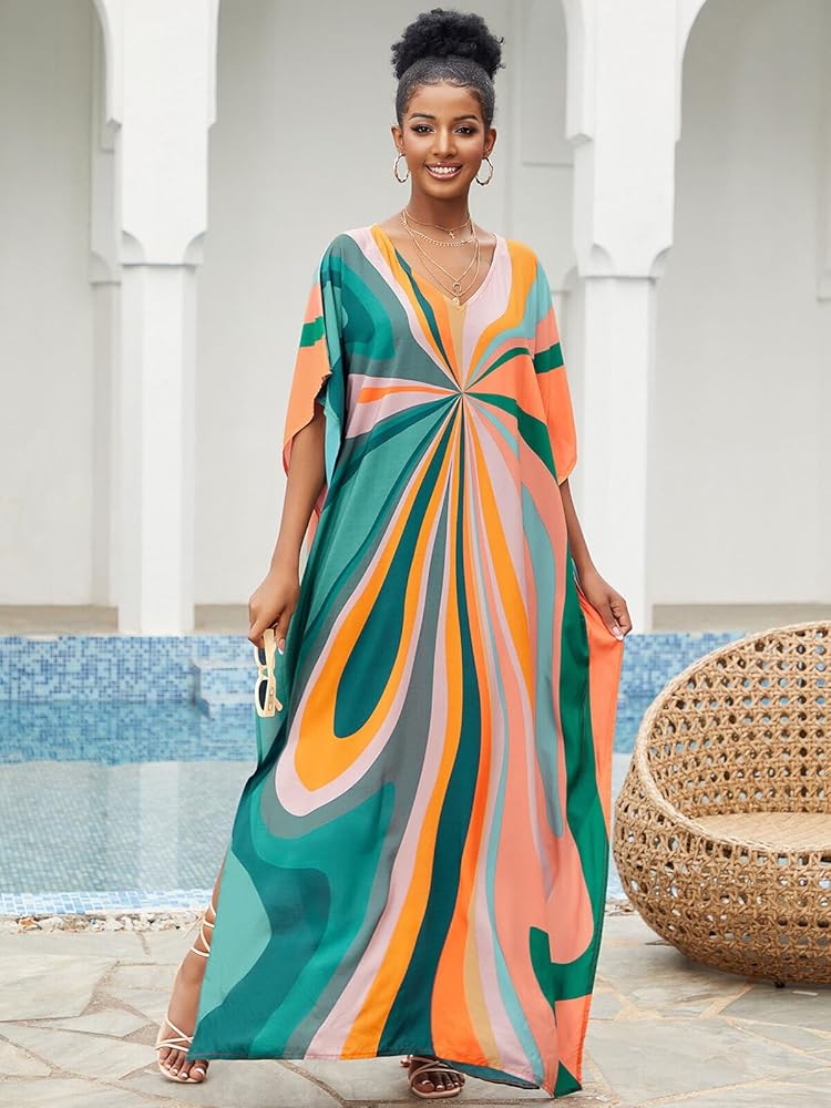 Moroccan Print V-Neck Batwing Kaftan Women's Plus Size Loose Fit Beach Dress Bathing Suit Cover Up Loungewear