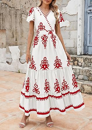 Casual V Neck Boho Maxi Dress