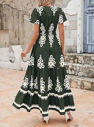 Casual V Neck Boho Maxi Dress