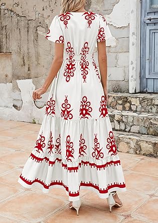 Casual V Neck Boho Maxi Dress