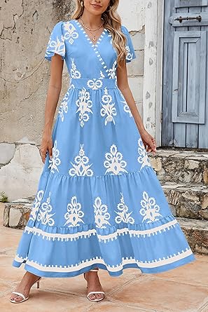 Casual V Neck Boho Maxi Dress