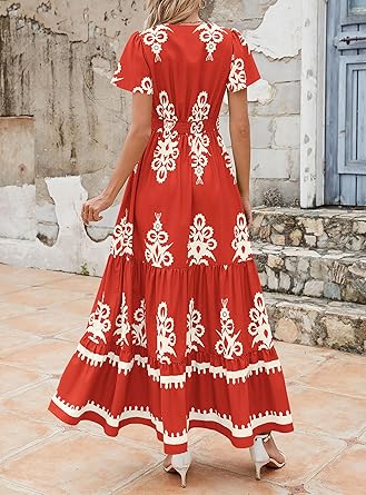 Casual V Neck Boho Maxi Dress
