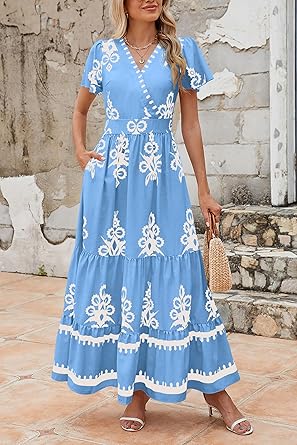 Casual V Neck Boho Maxi Dress