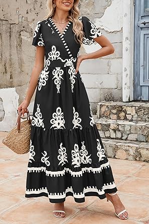 Casual V Neck Boho Maxi Dress