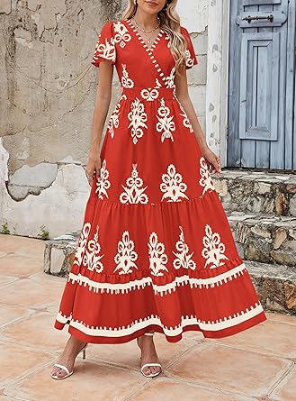 Casual V Neck Boho Maxi Dress
