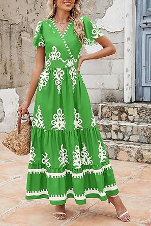 Casual V Neck Boho Maxi Dress