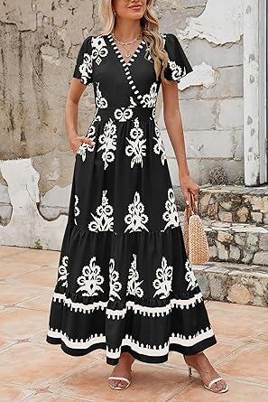 Casual V Neck Boho Maxi Dress