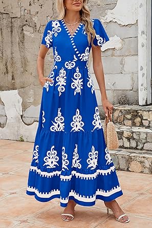 Casual V Neck Boho Maxi Dress