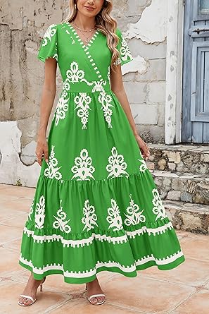 Casual V Neck Boho Maxi Dress