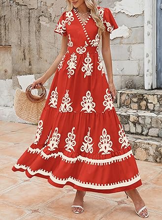 Casual V Neck Boho Maxi Dress