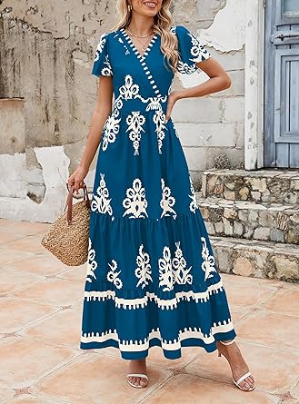 Casual V Neck Boho Maxi Dress