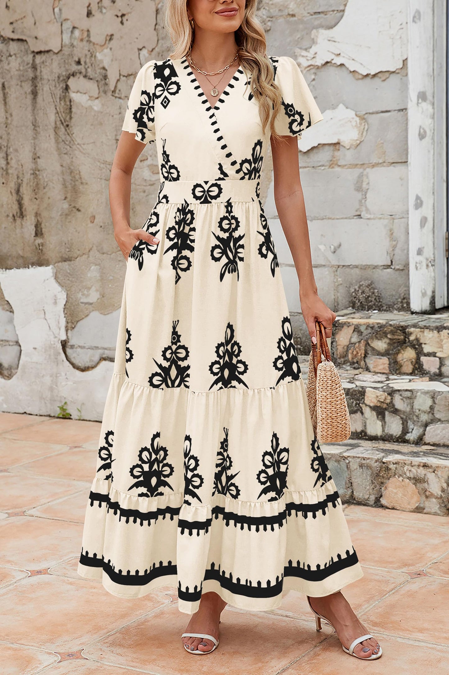 Casual V Neck Boho Maxi Dress