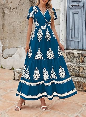 Casual V Neck Boho Maxi Dress