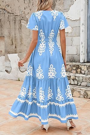 Casual V Neck Boho Maxi Dress