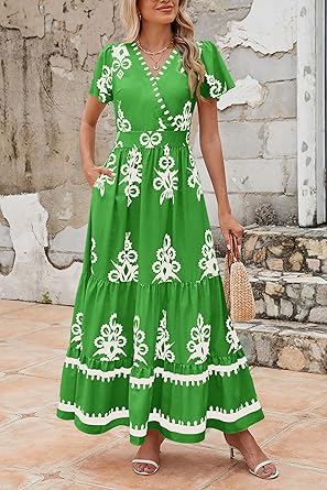 Casual V Neck Boho Maxi Dress