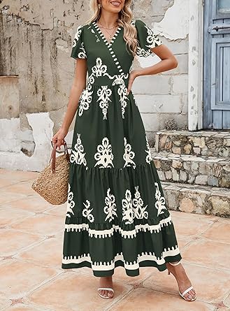 Casual V Neck Boho Maxi Dress
