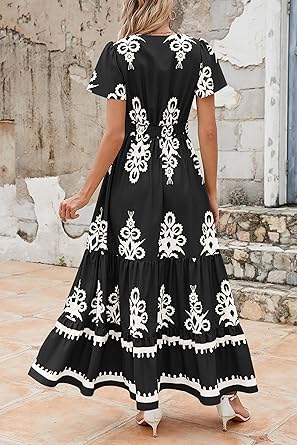 Casual V Neck Boho Maxi Dress