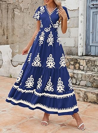 Casual V Neck Boho Maxi Dress