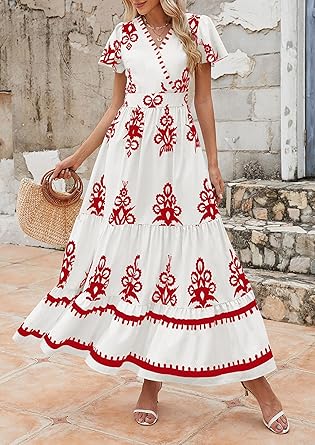 Casual V Neck Boho Maxi Dress
