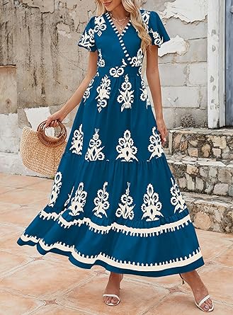 Casual V Neck Boho Maxi Dress