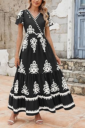 Casual V Neck Boho Maxi Dress