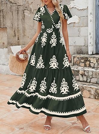 Casual V Neck Boho Maxi Dress