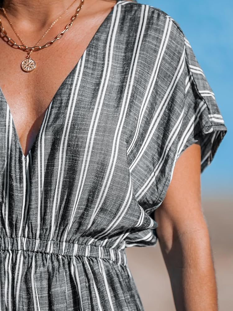 CUPSHE Women Beach Cover Up V Neck Short Sleeve Striped Midi Swimsuit Coverup Dress XS-XXL