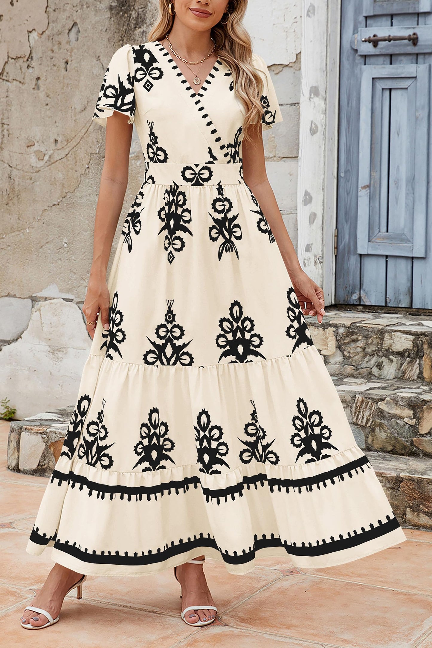 Casual V Neck Boho Maxi Dress