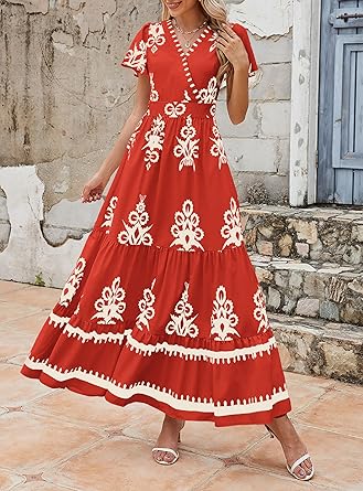 Casual V Neck Boho Maxi Dress