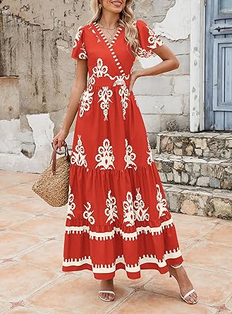 Casual V Neck Boho Maxi Dress