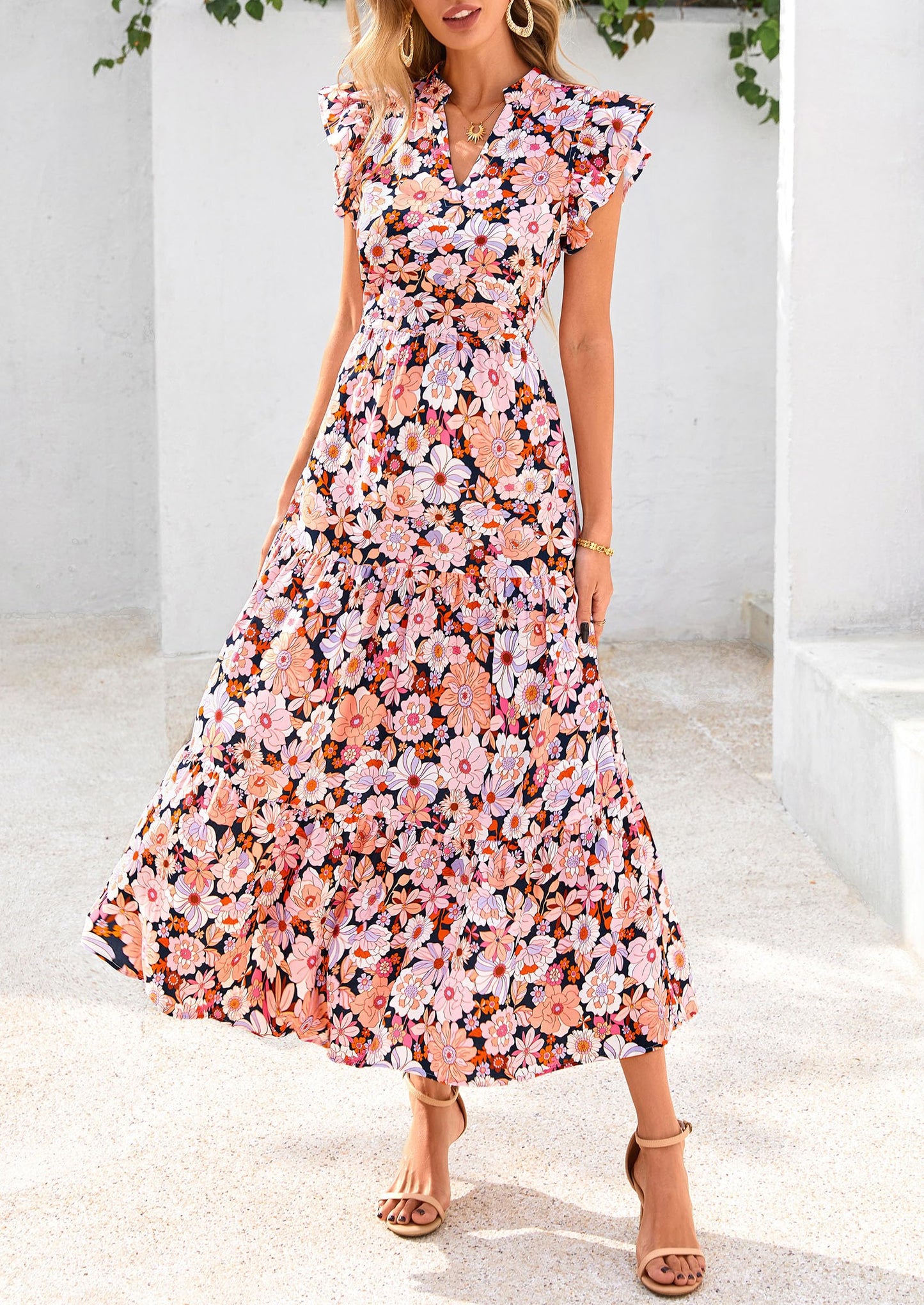 V Neck Ruffle Long Flowy Dresses