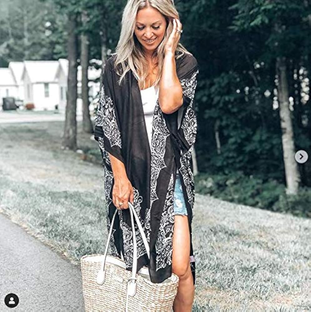Moss Rose Women's Beach Cover up Swimsuit Kimono with Bohemian Floral Print, Loose Casual Resort Wear