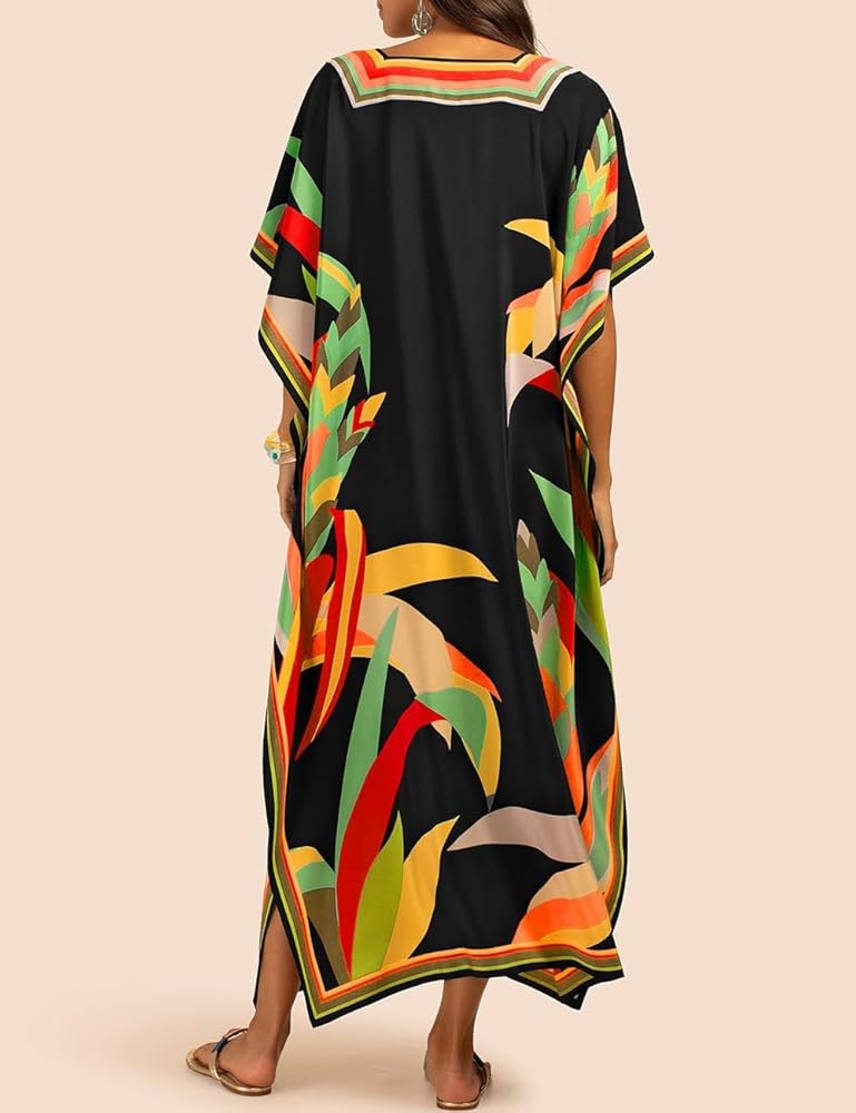 Eddoyee Women Long Print Swimwear Cover Up Sexy V Neck Side Split Beach Caftans Lounge Dresses