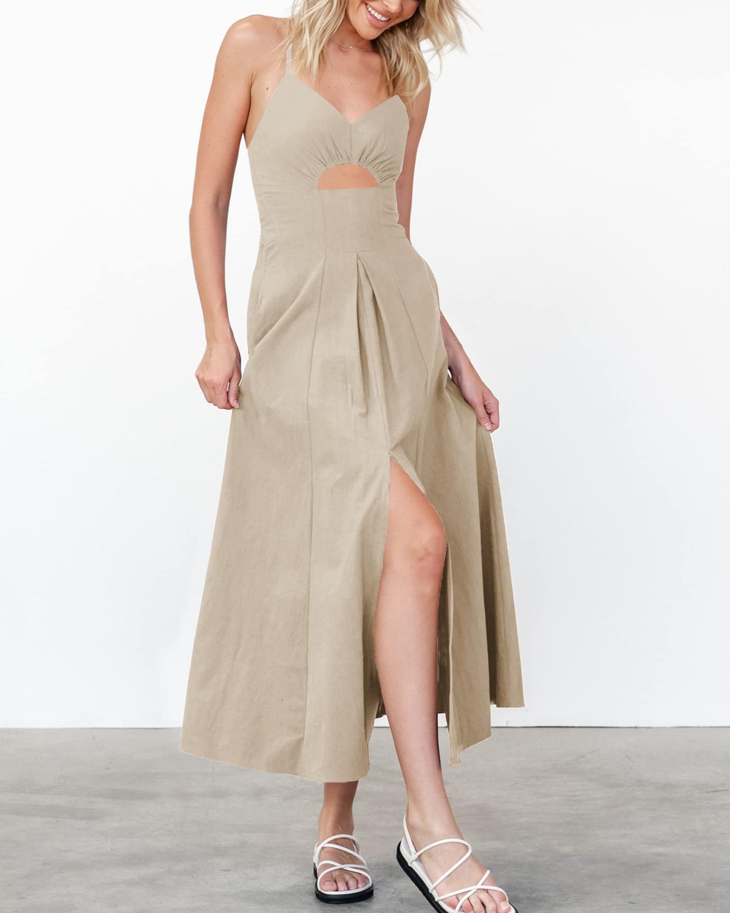 Summer Spaghetti Strap Midi Dress Sleeveless V Neck Cutout Slit Casual Beach Party Maxi Dresses Pockets(Solid Apricot, Small)