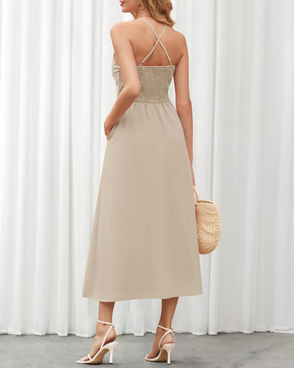 Summer Spaghetti Strap Midi Dress Sleeveless V Neck Cutout Slit Casual Beach Party Maxi Dresses Pockets(Solid Apricot, Small)