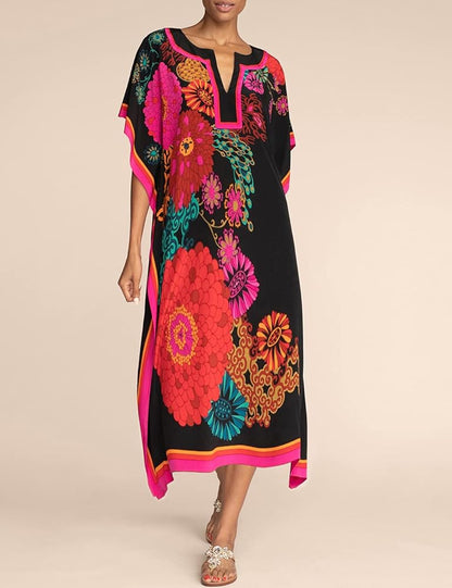 Eddoyee Women Long Print Swimwear Cover Up Sexy V Neck Side Split Beach Caftans Lounge Dresses