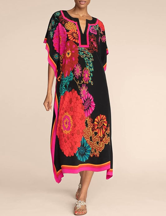 Eddoyee Women Long Print Swimwear Cover Up Sexy V Neck Side Split Beach Caftans Lounge Dresses