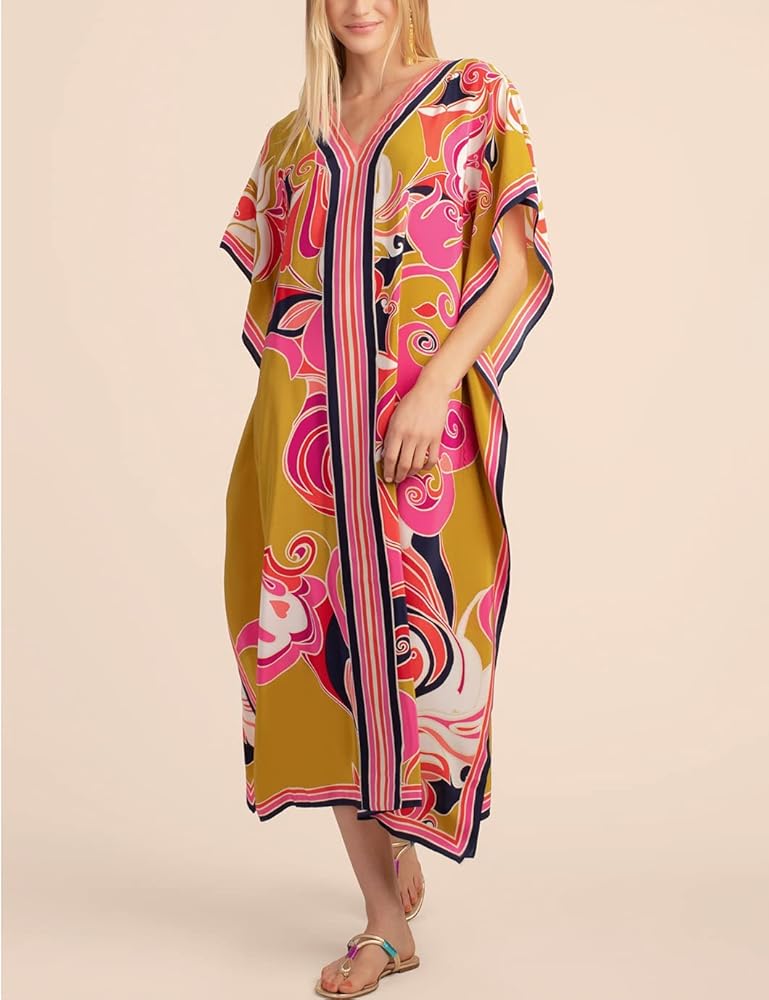Eddoyee Women Long Print Swimwear Cover Up Sexy V Neck Side Split Beach Caftans Lounge Dresses