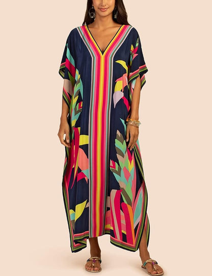 Eddoyee Women Long Print Swimwear Cover Up Sexy V Neck Side Split Beach Caftans Lounge Dresses