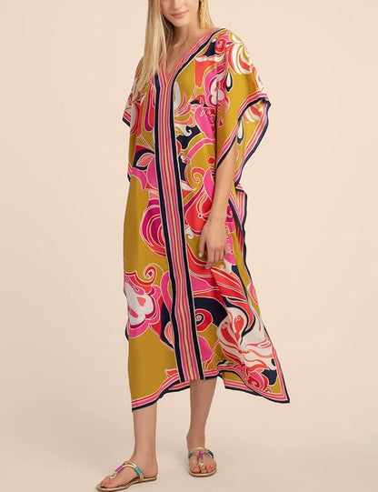 Eddoyee Women Long Print Swimwear Cover Up Sexy V Neck Side Split Beach Caftans Lounge Dresses