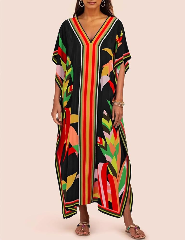 Eddoyee Women Long Print Swimwear Cover Up Sexy V Neck Side Split Beach Caftans Lounge Dresses