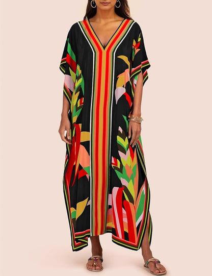 Eddoyee Women Long Print Swimwear Cover Up Sexy V Neck Side Split Beach Caftans Lounge Dresses