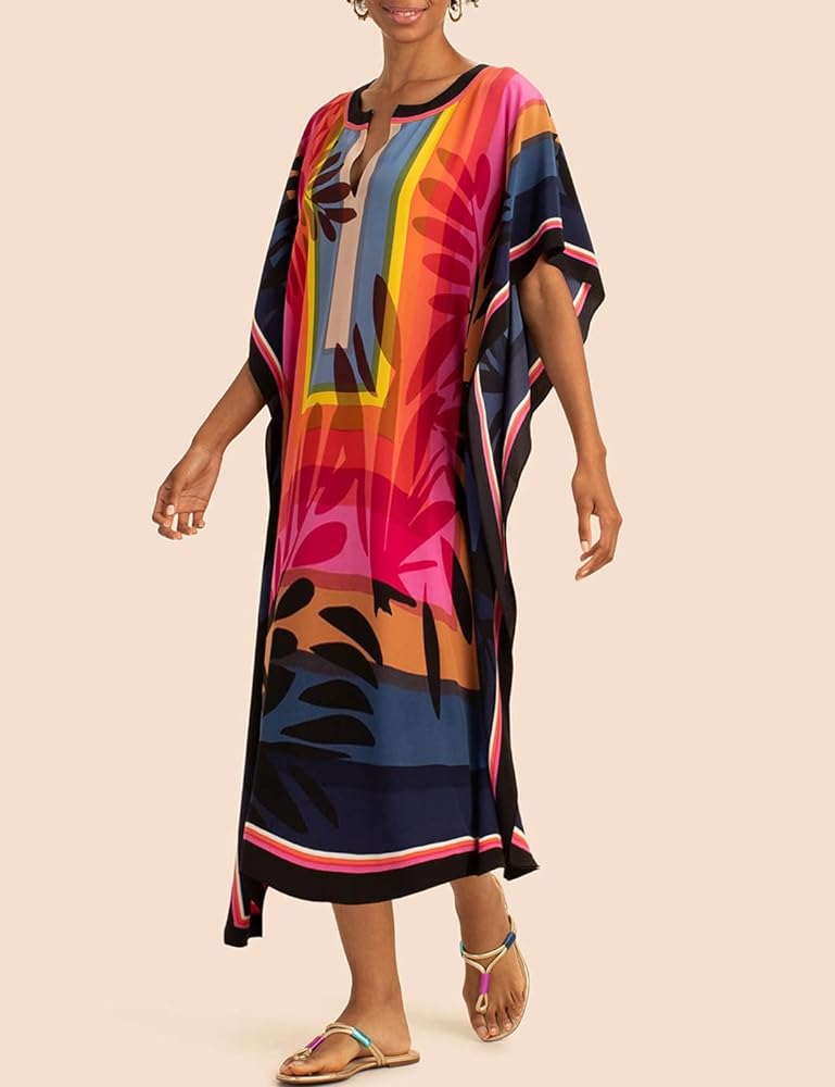 Eddoyee Women Long Print Swimwear Cover Up Sexy V Neck Side Split Beach Caftans Lounge Dresses
