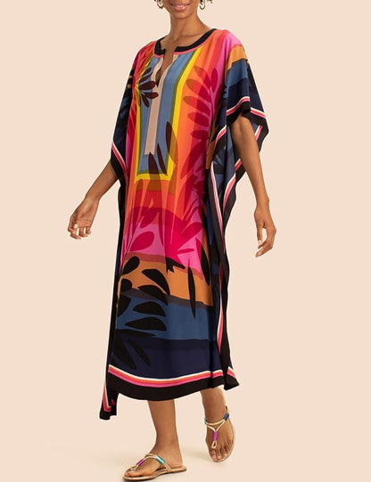 Eddoyee Women Long Print Swimwear Cover Up Sexy V Neck Side Split Beach Caftans Lounge Dresses